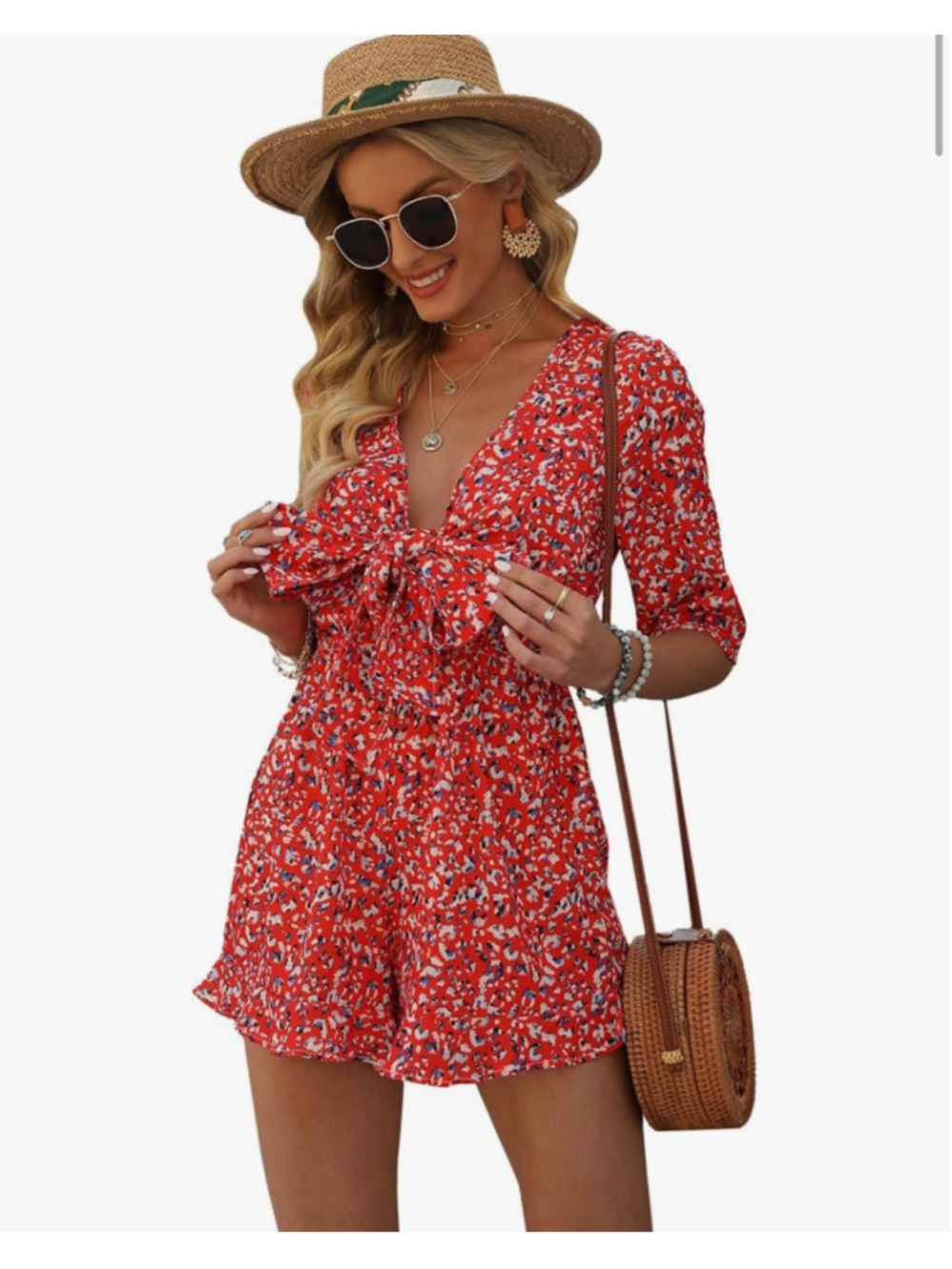 NEW Red Half Sleeve Tie Knot Front Romper Shorts Deep V Neck XL